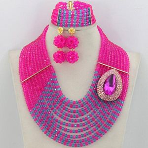 Kolye küpeler seti Nijeryalı Düğün Afrika Boncukları Takı Fushia Kristal Kostüm Kolye/Bilezik/Küpe Amj575