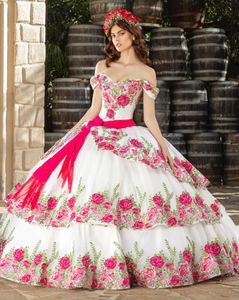 Tatlım korse süslenmiş charro quinceanera elbiseler kapalı omuz çiçek nakış-up korse balo vestidos xv anos