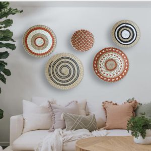 Decorative Plates Moroccan Style Straw Wall Plate Background Decoration Ethnic Hanging Bedroom Sofa Bedside Home Deco30x30cm 230625