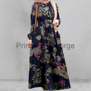 Günlük Elbiseler Müslüman Abayat Elbise Sanatsal Ülke Tarzı Retro Baskı Femme Musulman Pamuk Kenevir Külot Yuvarlak Boyun Aline Kadın Elbisesi X0625