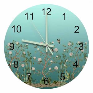 Настенные часы Teal Gradient Flower Plant Bird Luminous Pointer Clock Home Ornaments Round Silent Living Room Office Decor