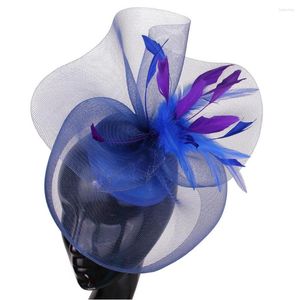 Beralar Moda Kraliyet Mavi Düğün Faslinators Şapkalar Mor Tüyler Kenar Taşları Kadınlar Zarif Bayanlar Partisi Kenducky Şık Saç Aksesuarları