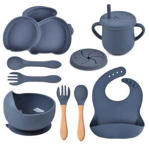 Cups Dishes Utensils 8PCS Baby Silicone Rabbit Dinner Plate Set Baby Soft Silicone Bib Non-slip Sucker Dinner Plate Bowl Cup Fork Spoon Set BPA Free 230625