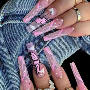 Накладные ногти DIY Поддельный набор Носимый маникюр с желеобразным клеем Полное покрытие Акриловые насадки для ногтей Розовая бабочка Алмазная оптовая продажа