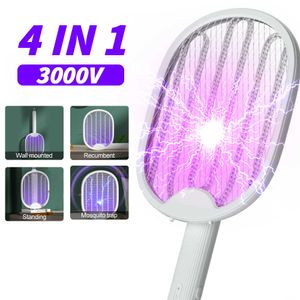 Pest Control 4 In1 Electric Mosquito Killer Fly Swatter USB Rechargeable Trap Mosquito Racket Insect Killer UV Light 3000V Bedroom Bug ZapperHKD230626
