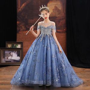 Açık Gök Mavisi Balo İnciler Çiçek Kız Elbise Düğün Aplike Pageant törenlerinde bebek uzun tren Tül boncuklu kristal İlk Prenses Komünyonu Doğum Günü Elbisesi