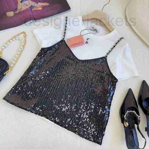 Женская футболка Designer 2023 Summer New Girls' Style Celebrity Slim and Age Reduction Sequin Small Strap T-shirt Two Piece Set DK3O