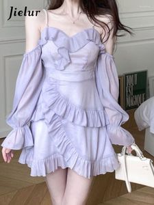 Günlük Elbiseler Mor Kapalı Omuz Kawaii Elbise Kadın Fırfır Patchwork Tatlı Parti Mini Bayan Kore Moda Ince Seksi Peri