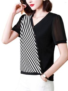 Women's Blouses 4XL Women Spring Summer Shirts Lady Fashion Casual Short Sleeve V-Neck Collar Stripe T-shirt Blusas Tops CT0482