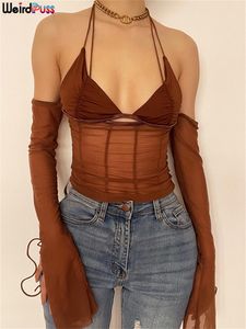 Женская футболка Weird Puss Sexy Mesh Women Long Sleeve Backless Y2K Top Halter Off Shoulder Chic Patchwork Fashion Club Party Streetwear 230627