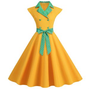 Temel Günlük Elbiseler Sarı Zarif Moda Çentikli Bayan Ofis Elbisesi 2023 Robe Pinup Puantiyeli Baskı Kadınlar için Vintage Kolsuz Yaz 230626