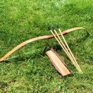 Kids Bamboo Wooden Archery Set - Includes Bow, 3 Safety Arrows, Quiver, Arm Guard - Outdoor Hunting Toy Gift