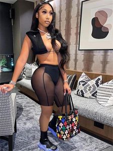 Женские спортивные костюмы Habbris Summer Sexy Mesh Crop Top and Pants Sets Club Outfit For Women 2023 Sheer 2 Two Piece Black In Matching