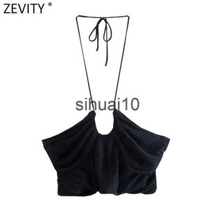 Женская футболка Zevity Women Spaghetti Strap Black White Color Chic Halter Camis Tank Ladies Summer Pleated Design Short Sling Crop Tops LS9761 J230627