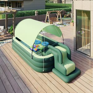 Sand Play Water Fun Inflatable Kid Swimming Pool with Awning Thicken PVC Large Children's Paddling Slide Outdoor Pools for Family 230628