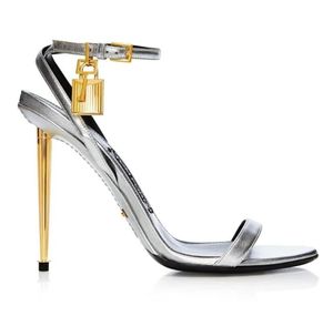 Çıplak Deri sandalet Kadın Yüksek topuklu sandalet ayakkabı Asma Kilit düğün parti elbise altın topuklu Ayak bileği kayışı altın kilit ve anahtar 35-43