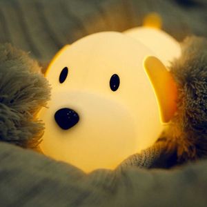 Işıklar Silikon Köpek LED Gece Lambası Dokunmatik Sensör 2 Renk Kısılabilir Zamanlayıcı USB Şarj Edilebilir Başucu Köpek Lambası Çocuklar için Bebek Oyuncak Hediye HKD230628