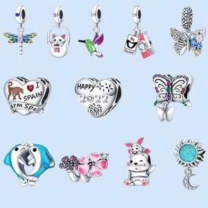 Pandora için 925 ayar gümüş takılar takı boncuk Bilezik Kolye Pembe Kedi Ay Sinek Kuş Kelebek Boncuk çekicilik seti
