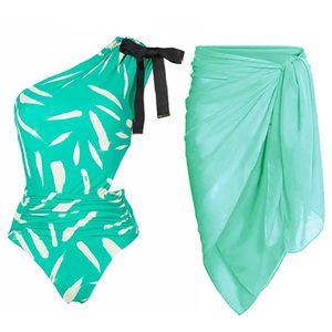 Mayo Moda Yeşil Baskılı Tek Omuz Bikini Seksi Dize Papyon Mayo Kadınlar Egant Chic Cover Up Beachwear 2022 HKD230628