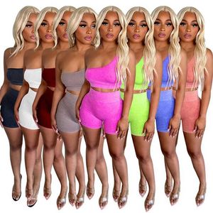 Frauen Trainingsanzüge Zwei Stücke Set Designer 2023 Neue Schräg Hals Ärmellose Hohe Taille Shorts Casual Sport Set 8 Farben