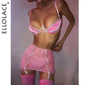 Комплекты бюстгальтеров Ellolace Velvet Rhinestone Lingerie Bra Kit Push Up Underwear Fancy Delicate Exotic Fairy Pink Intimate Beautiful Outfit