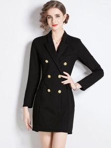Günlük Elbiseler Siyah Blazer Elbise kadın Sonbahar Kış Kalın Roma Pamuk Çentikli Takım Elbise Uzun Kollu Altın Kruvaze Kısa Vestidos
