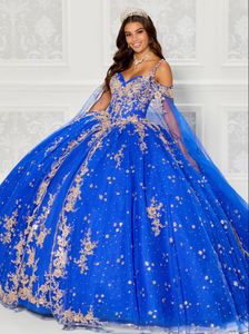 Pelerin Kol Off omuz Bağcıklı Korse Balo vestido 15 yıl öncesi ile Royal Blue Glitter İşlemeli Quinceanera Elbiseleri