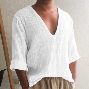 Erkek Yaz Gömlek Plaj Gömlek Siyah Beyaz Gök Mavisi Uzun Kollu Düz V Yaka İlkbahar Yaz Günlük Hawaii Kıyafetleri Konfeksiyon