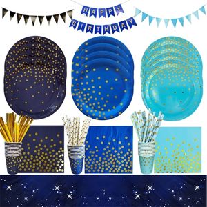 Disposable Dinnerware Blue Gold Black Disposable Tableware Sets Plate Cups Straws Banner Wedding Birthday Baby Shower Party Tableware Decorations 230629