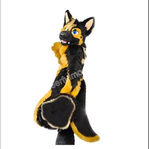 Black And Yellow Husky Dog Fox Mascot Costume Fur Leather Jacket Halloween Suit Role Play Xmas Easter Festival Adult