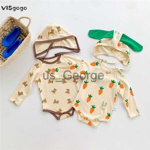 Комплекты одежды VISgogo Baby Girls Boys Spring Fall Rompers Cute BearCarrot Print Комбинезон с длинным рукавом Hat Outfit Infant Casual 2PCS J230630