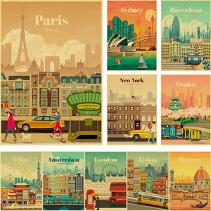 Dünya Seyahat Minimalist Vintage Tuval Boyama Posterler New York Şehir Posteri Kraft Kağıt Baskı Duvar Sanatı Dekorasyon Resim Ev Bar Cafe Dekor w06