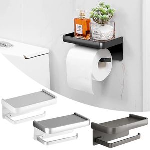 Toilet Paper Holders Aluminum Black Toilet Paper Holder with Shelf Rustproof Wall Mounted Toilet Tissue Roll Holder for Bathroom Accessories Storage 230629