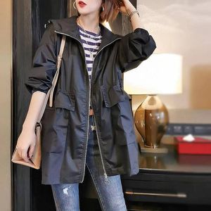 2023 primavera outono blusão de comprimento médio versão coreana novo top fashion solto casual trabalho wear com capuz feminino trench coats tendência