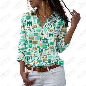 Kadın Bluzlar İlkbahar Sonbahar 2023 Moda Katı Puantiyeli Ekose 3D Baskılı Gömlek Düğme Polo Yaka Uzun Kollu Üst Vintage
