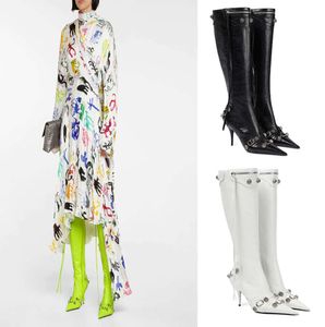 Siyah Diz Yüksek Botlar Tasarımcı Kadın Cagole Boot Kovboy Saçlı Ayak Tapı Seksi Gerçek Deri Stiletto Topuklar Kış uzun Martin Öngen Her türlü moda