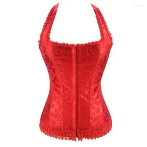 Bustini Corsetti Donna Sexy Halter Corsetto Top Vest Shaper Fiore di pizzo Lingerie Overbust Push Up Vita Corsetto Rosso Nero