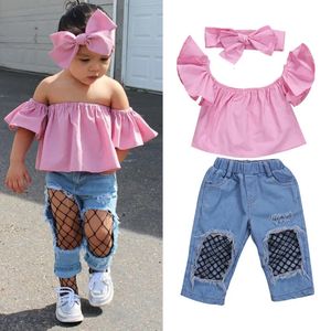 Dancewear 3Pcs Toddler Baby Girl Clothes Pink Off Shoulder Tops Ripped Denim Pants Jeans Headband Kids Summer Outfits Set 230928