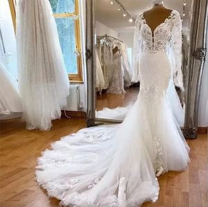 Lüks V Boyun Denizkızı Gelinlik Seksi Full Dantel Aplikler Artı Beden Illusion Bridal Party Gowns Vestido de Novia 2023