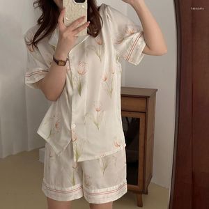 Kadın pijama yaz baskılı pijama seti ipek benzeri düz renkli yaka lale çiçekleri desen düğmesi gece kıyafetleri niş tasarım gece kıyafetleri
