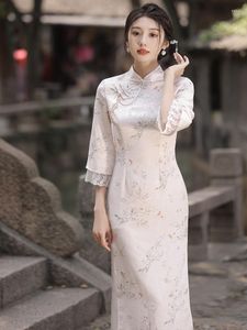 Etnik Giyim Fzslcyiyii Vintage Embrodiery Dantel Trim Parlama Kılıf Saten Kadınlar Qipao Çin Mandarin Yakası Femme Cheongsam Elbise