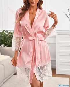 Kadınlar için pijama ipek bornoz boudoir gelinlik pembe saten kimono dantel kaplamalar ile