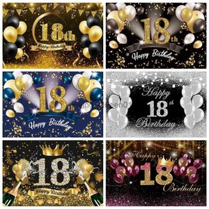 18th Birthday Party Backdrop for Boys & Girls, Black Gold Glitter Balloon, Customizable Vinyl Photography Background, YQ231003