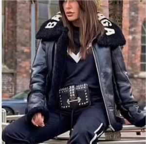 Inverno novo designer feminino jaqueta de luxo feminino casaco de couro do plutônio primavera outono senhora jaquetas pretas manga longa quente grosso forro de pele casacos com pescoço de lã casacos outwear