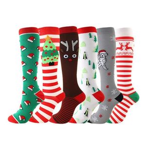 Рождественские компрессионные чулки высокого качества для женщин и мужчин, компрессионные носки со спортивным рисунком, нейлоновые гольфы для бега по колено, носки225d