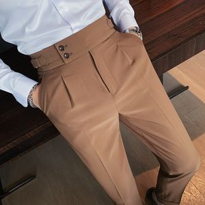 Calças masculinas estilo britânico outono sólido calças de cintura alta qualidade formal fino ajuste negócios casual terno hommes 230407 28-36