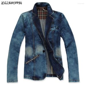 Erkek takım elbise erkekler retro denim blazer çentikli yaka ağartılmış jean ceket fermuarlı cep erkek tek düğmesi mavi blazers gündelik