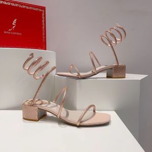 Kadınlar Rene Caovilla Sandalları 4.5cm Kalın Yılan Sarılı Kristal Dekoratif Ayak Bileği Kayışı Orijinal Deri Moda Lüks Tasarımcı Sandal