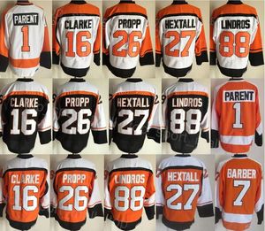 Erkekler Retro Hokey 88 Eric Lindros Jersey 16 Bobby Clarke 27 Ron Hextall 26 Brian Propp 1 Bernie Ebeveyn 7 Bill Barber 8 Dave Schultz Vintage Dikişli Siyah Turuncu Beyaz