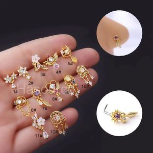 Nose Rings Studs 1Pcs Fashion 316L Stainless Steel CZ Dangle Nose Studs Colorful Indian Screw Nose Rings Nose Piercing Jewelry 231005